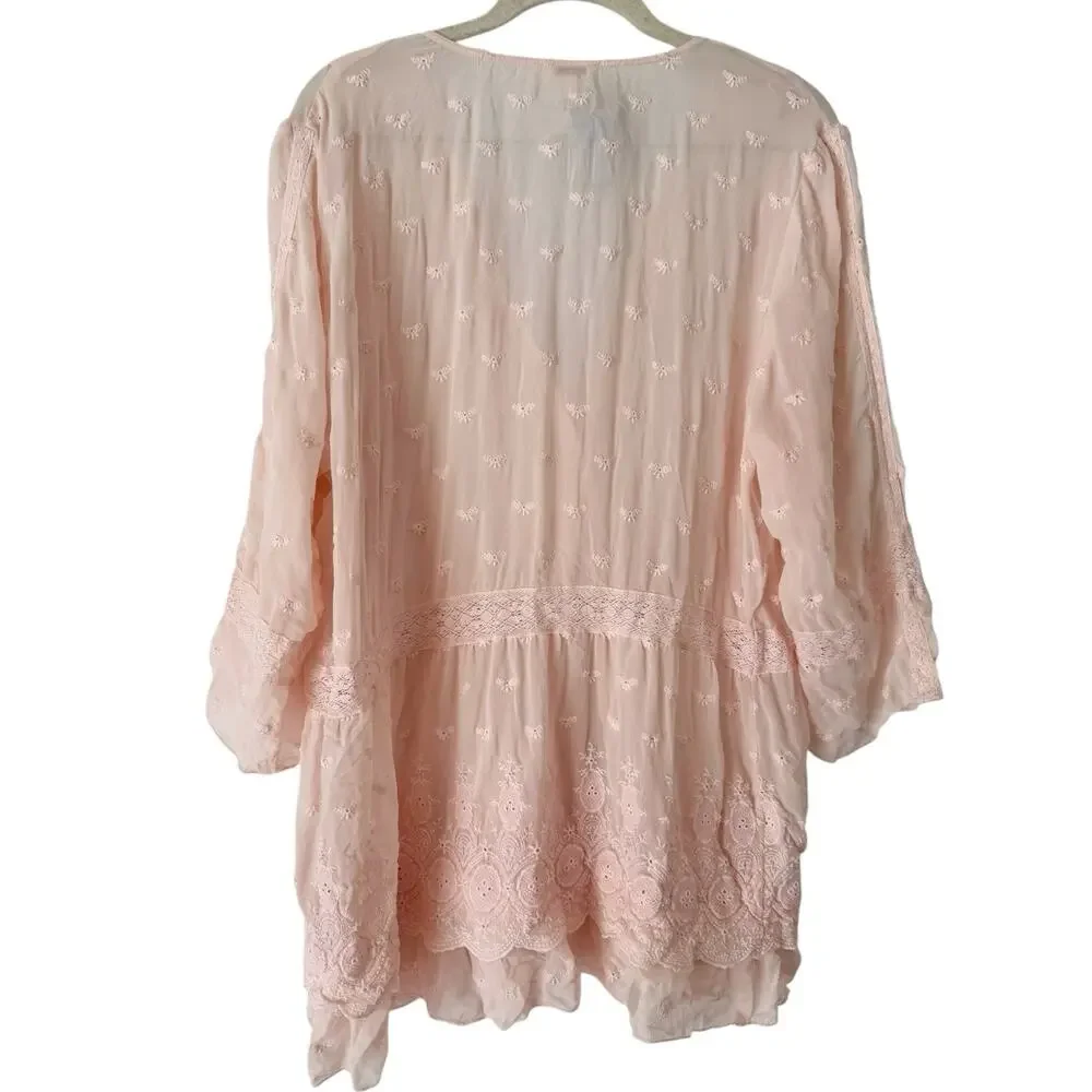 Sundance Pink 100% Silk Embroidered Sheer Button Front Blouse Size XL - Picture 2 of 6